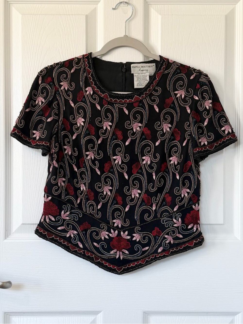 Vintage 100% Silk Embroidered & Beaded Floral Cropped Top by Papell Boutique - Picture 2 of 8